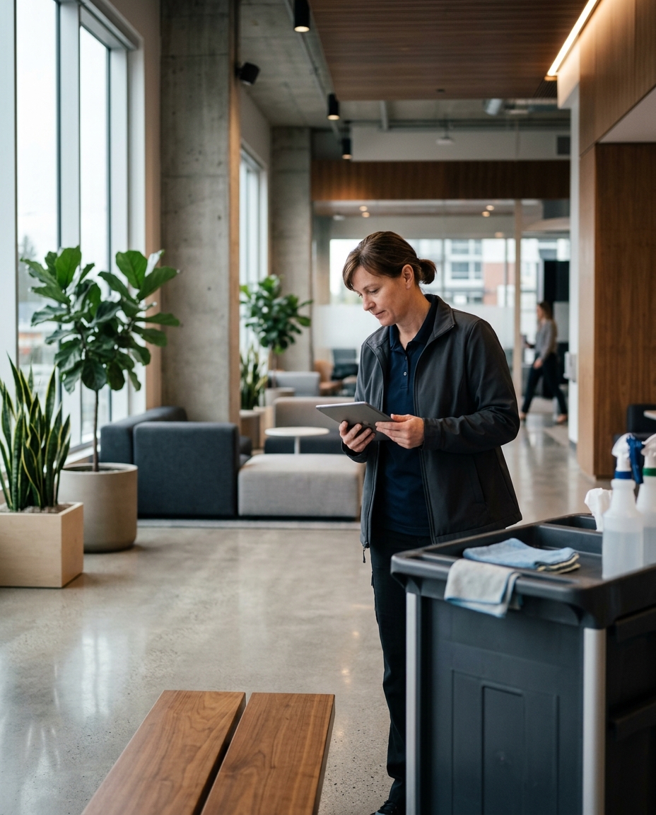 Facilities professional reviewing the condition of a commercial space