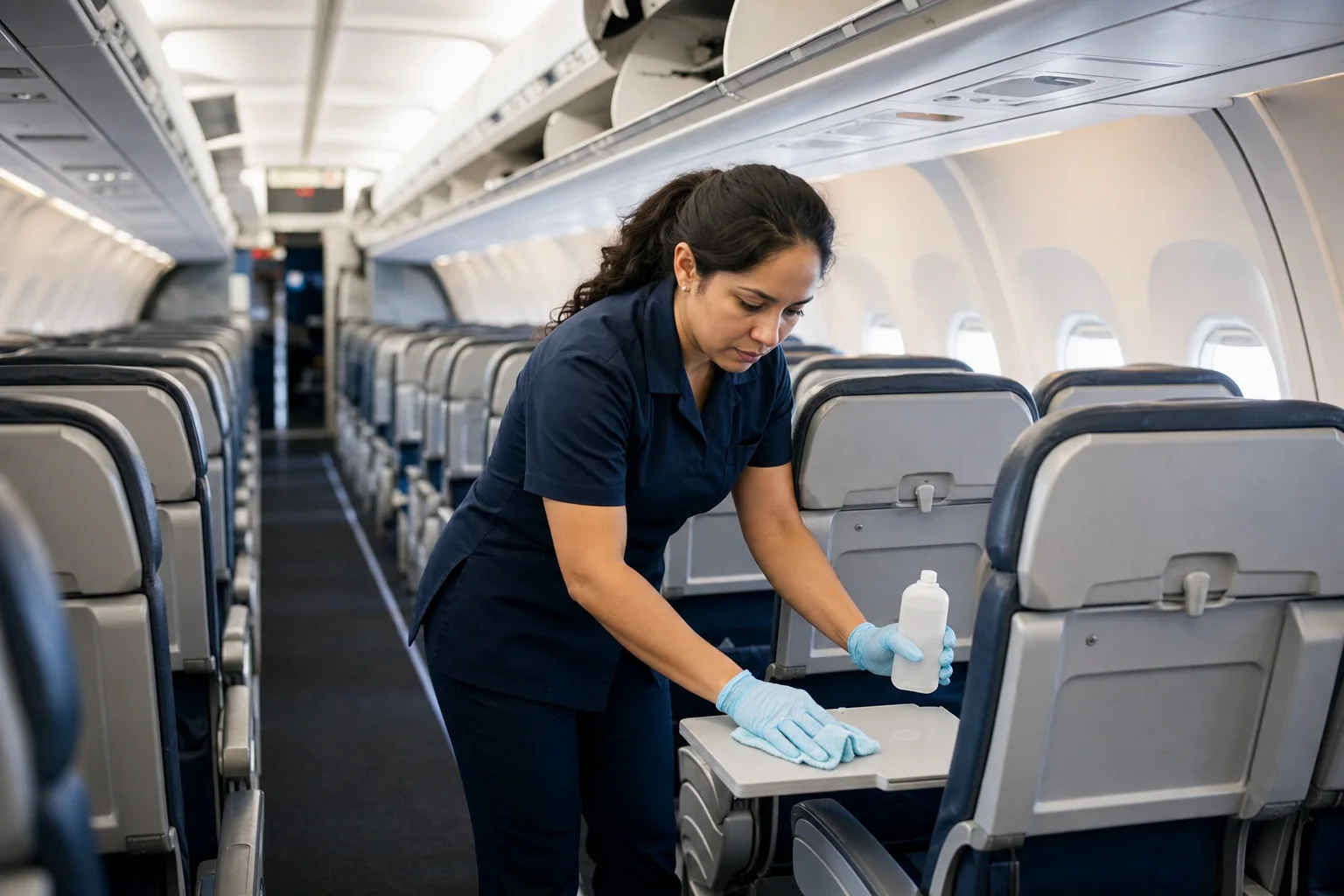 Aviation cleaner wiping a tray table and passenger touchpoints inside an aircraft cabin