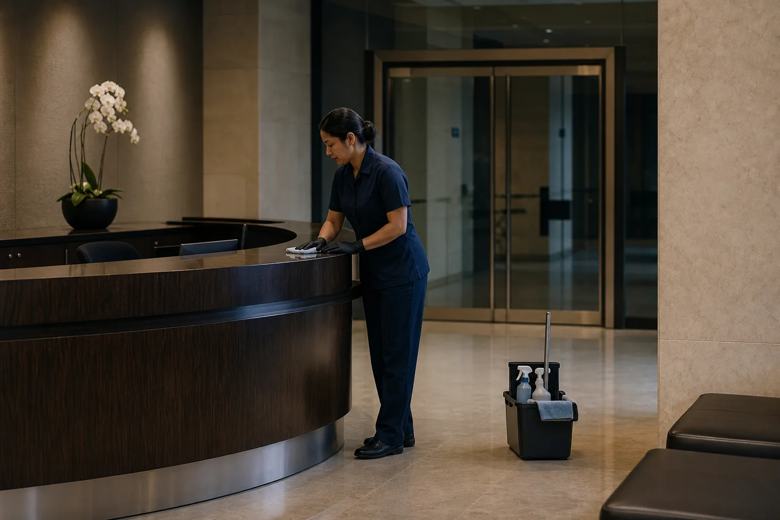Cleaner wiping the reception counter in a formal consular facility after hours