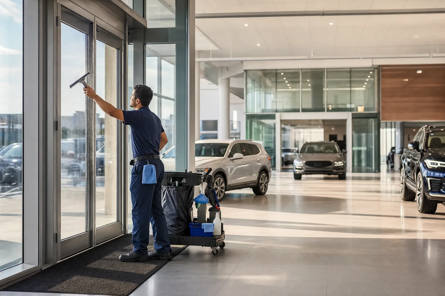 Janitorial professional cleaning glass at the entrance to a modern vehicle showroom