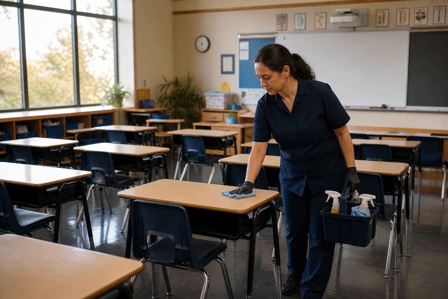 Janitorial professional cleaning desks in an empty classroom after school hours