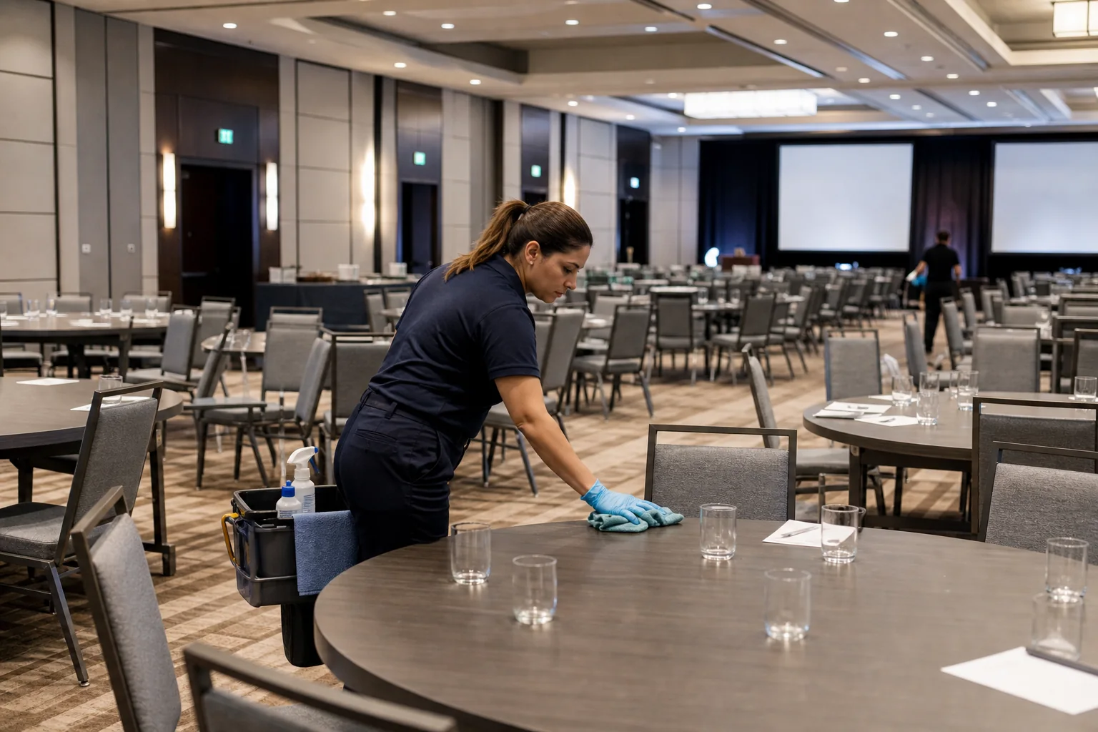 Event cleaner wiping tables while a conference ballroom is reset between bookings
