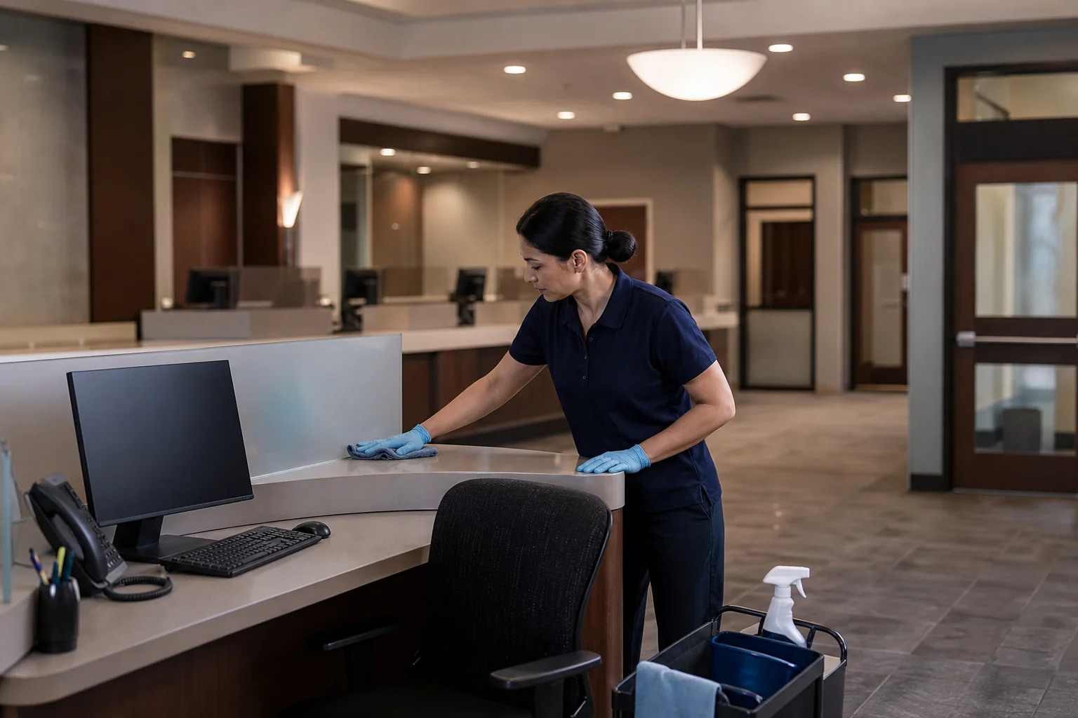 Commercial cleaner wiping a customer counter inside a financial institution after closing