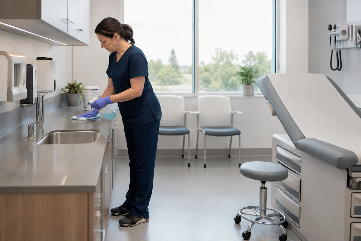 Cleaner wiping a counter in a modern medical examination room