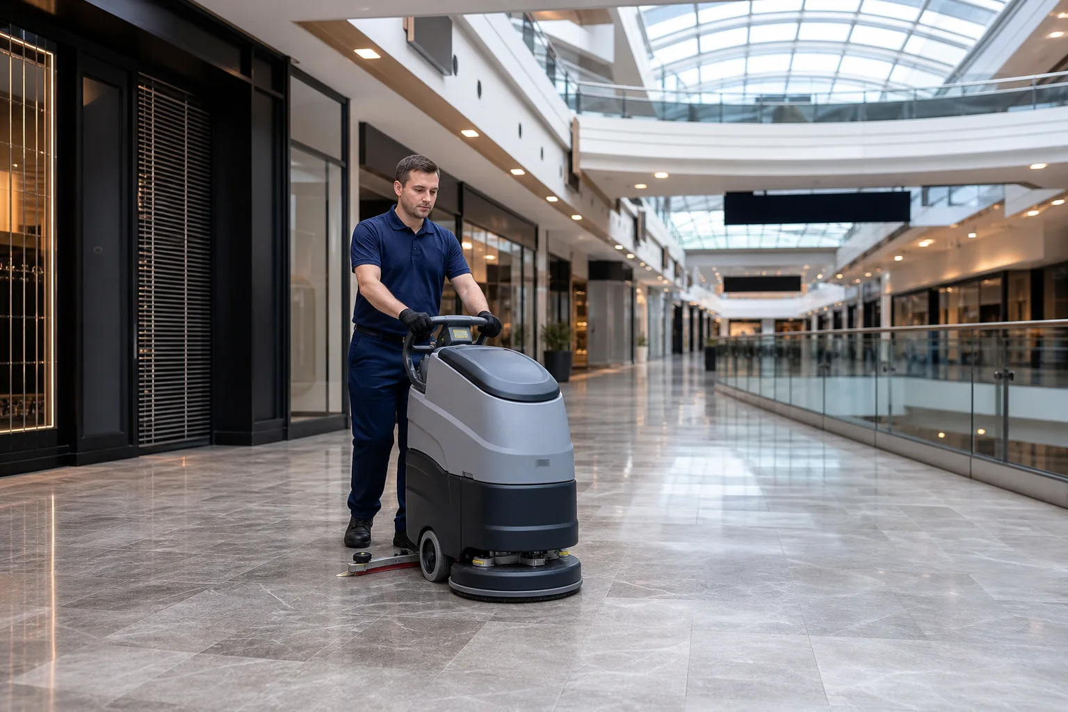 Commercial cleaner operating a floor scrubber in a shopping centre before opening