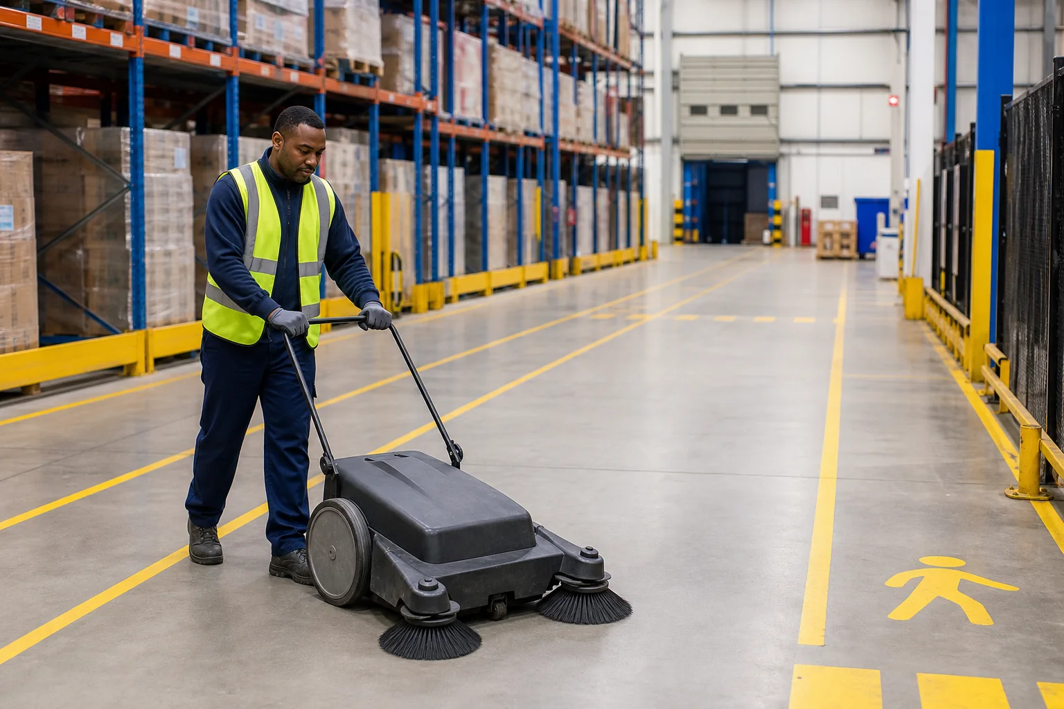 Cleaner wearing high-visibility equipment sweeping a marked warehouse pedestrian aisle