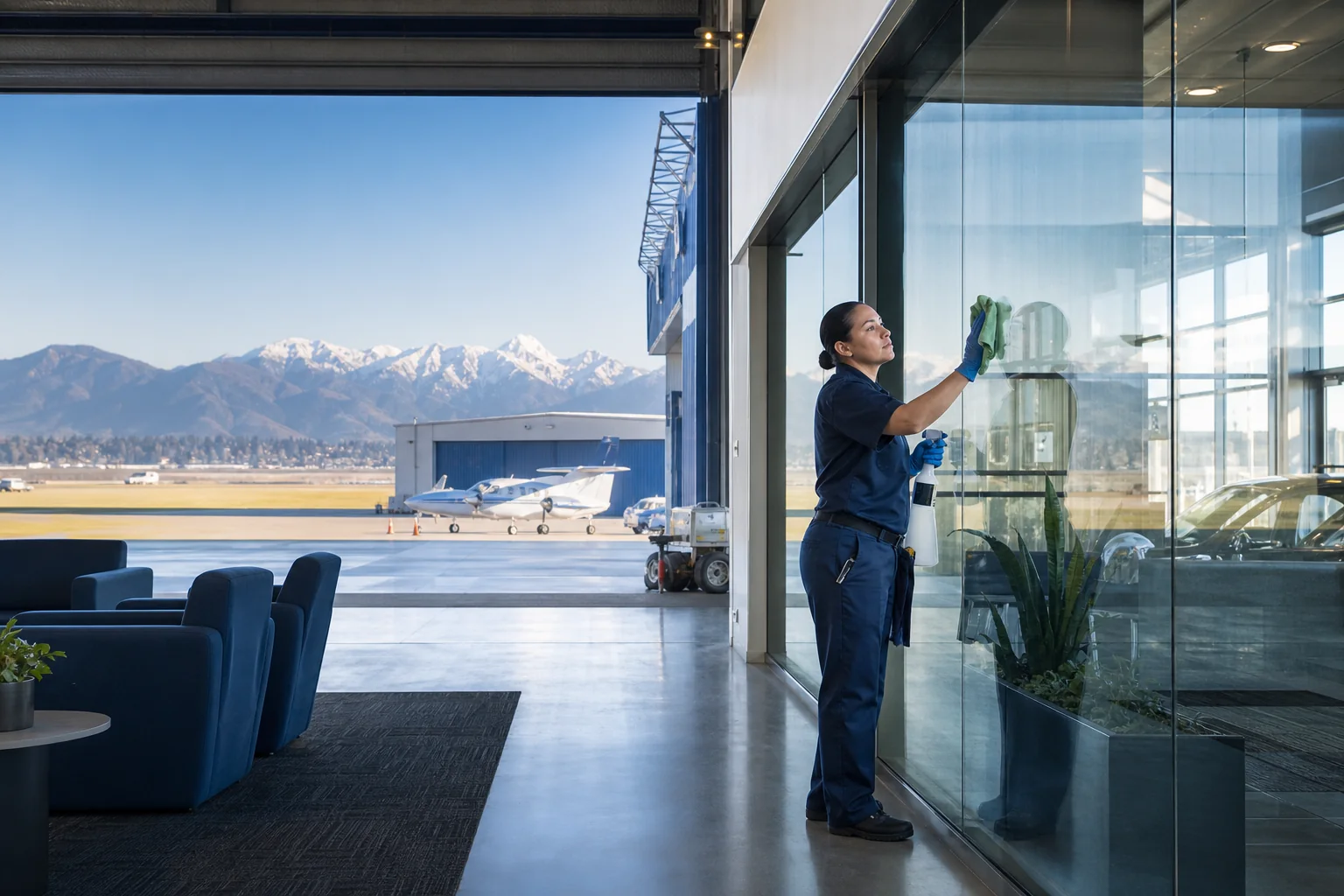Janitorial professional cleaning glass inside an Abbotsford aviation facility