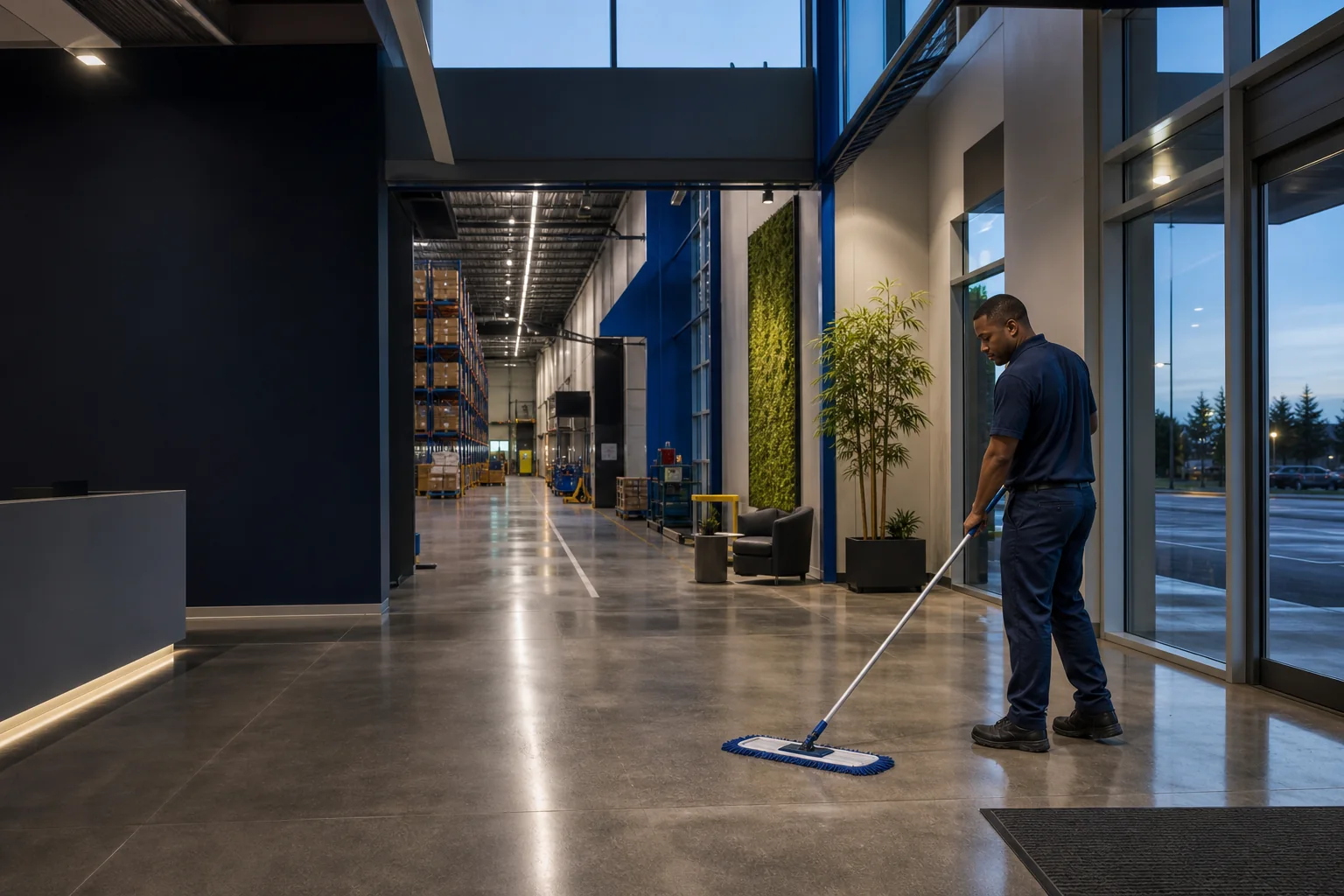 Janitorial professional maintaining the entrance of a Surrey commercial and industrial facility