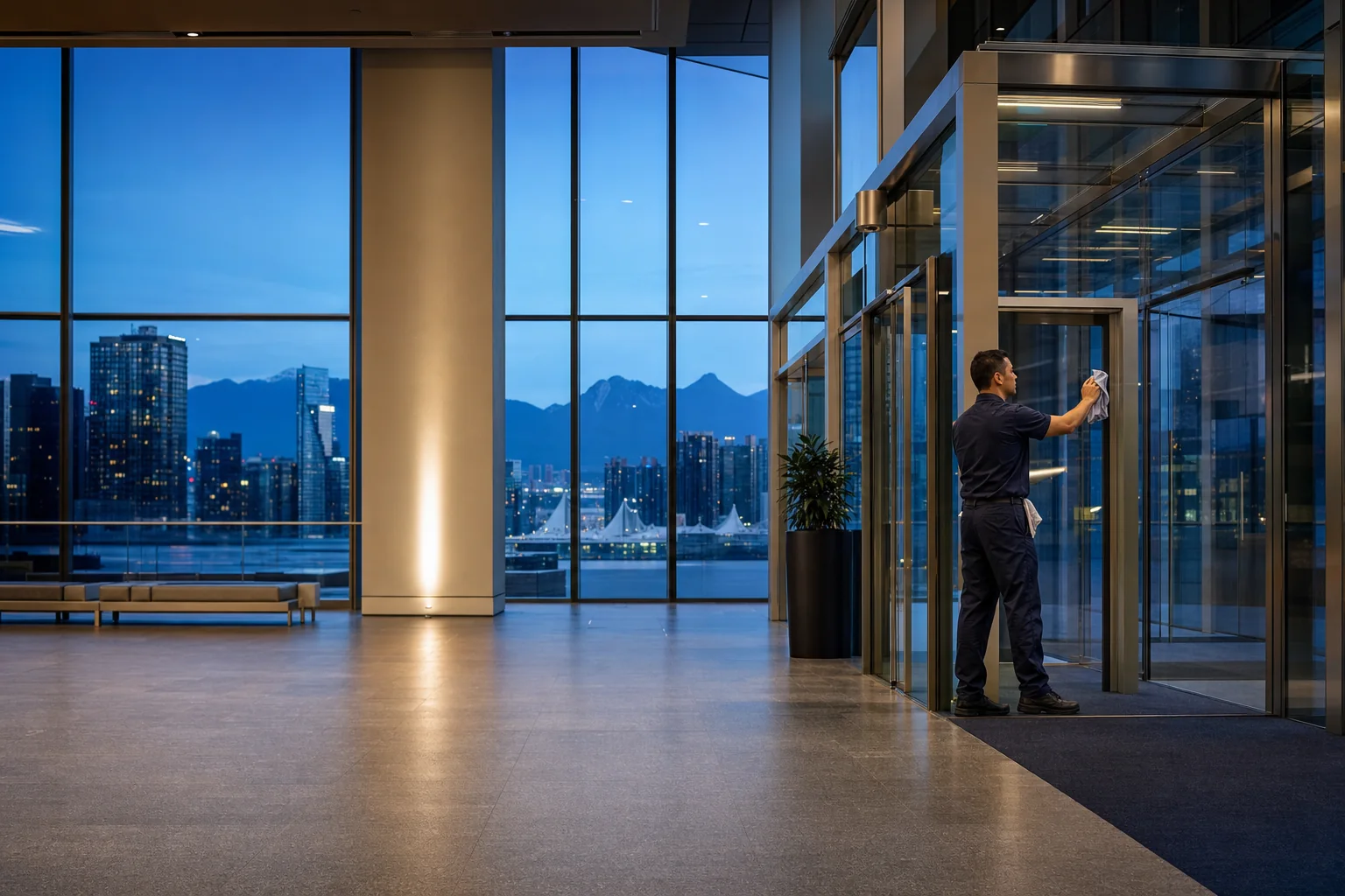 Janitorial professional cleaning a Vancouver commercial lobby entrance at blue hour