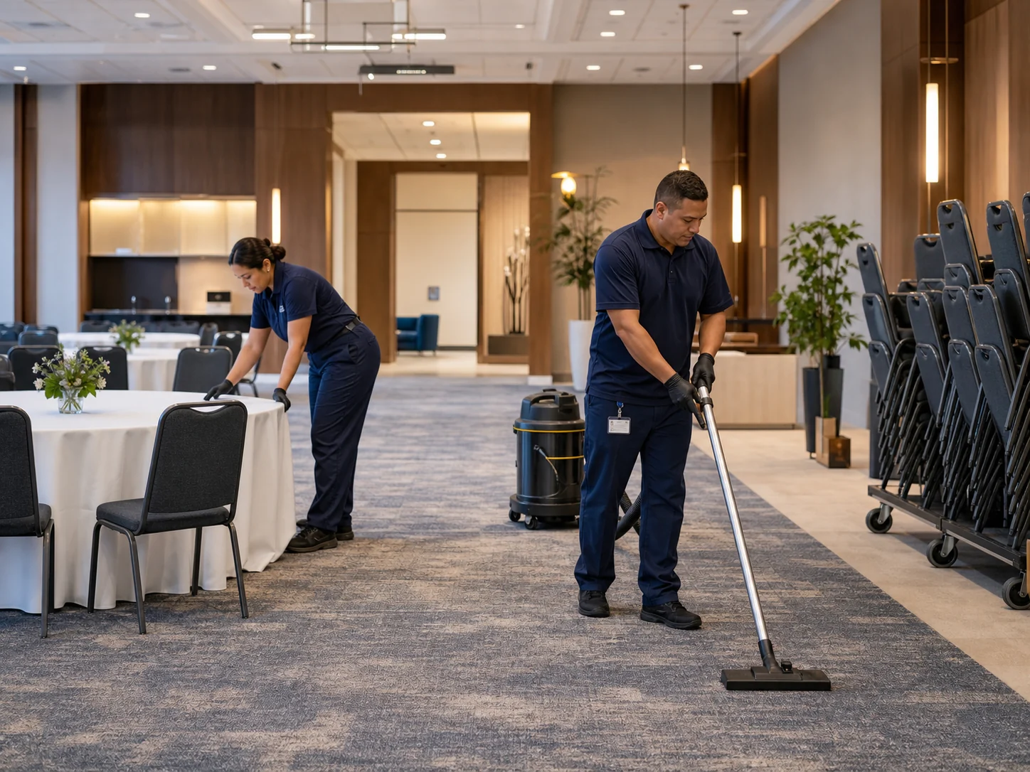 Prepared conference venue with orderly seating and clean floors