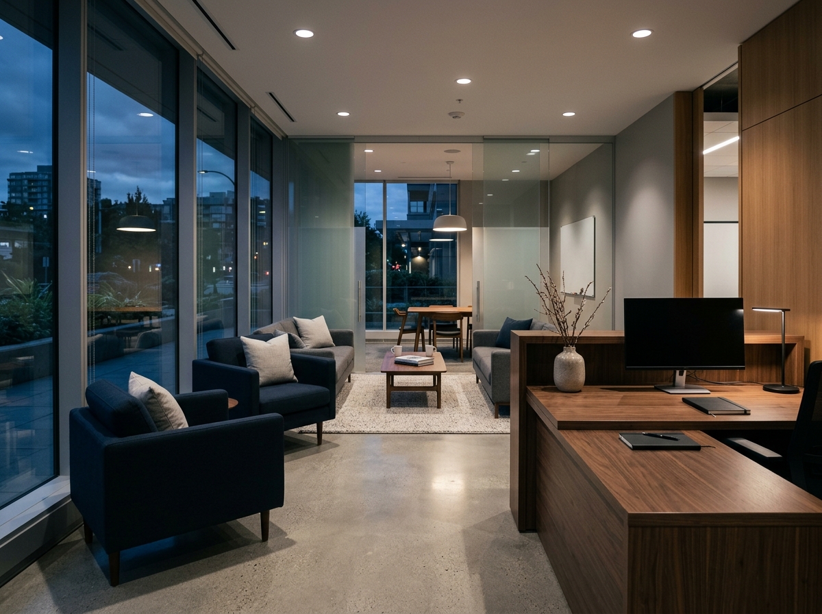 Bright commercial office reception with clean floors and glass