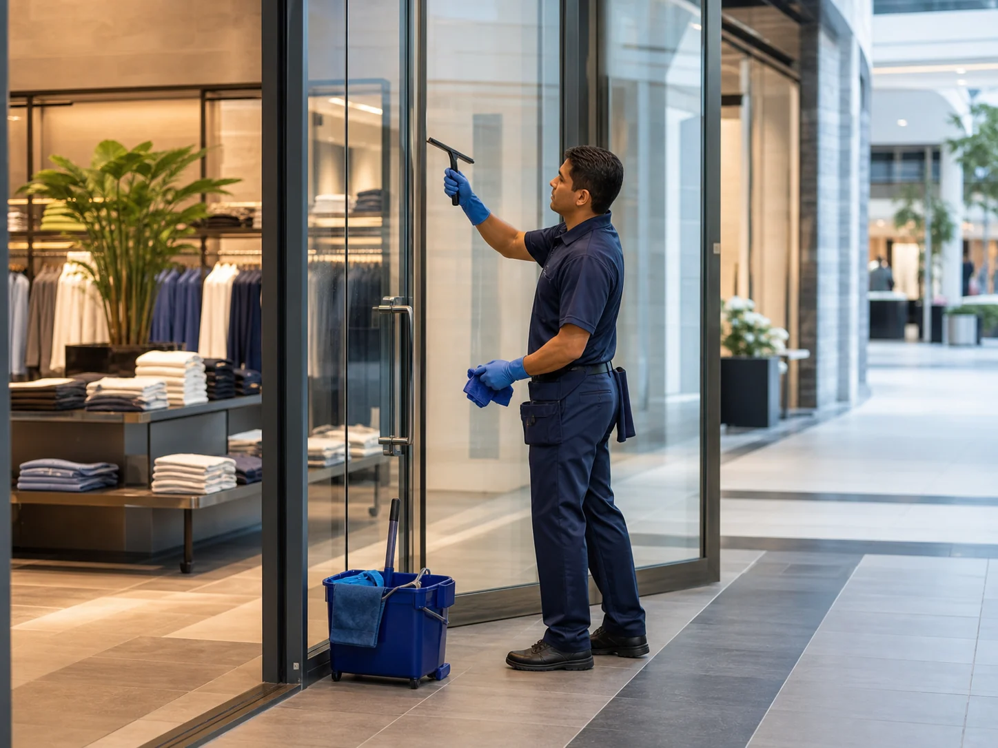 Polished retail interior with clean storefront glass and floors
