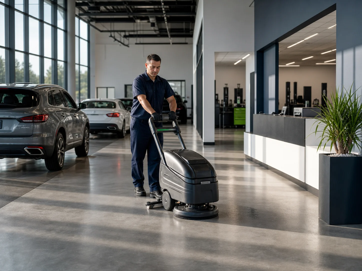 Bright automotive showroom with clean glass and reflective floors